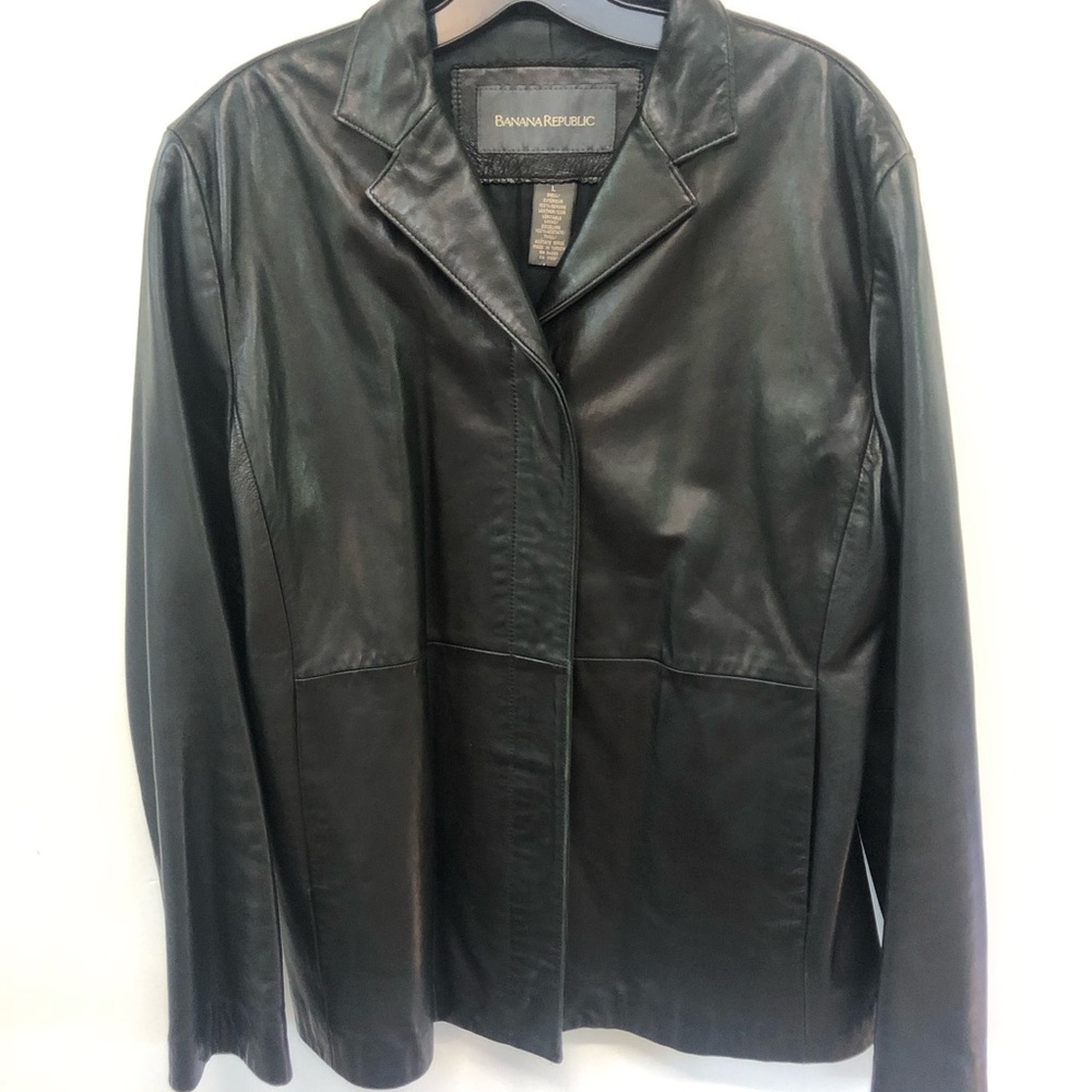 Banana Republic Black Leather Button-Front Jacket with Soft Collar